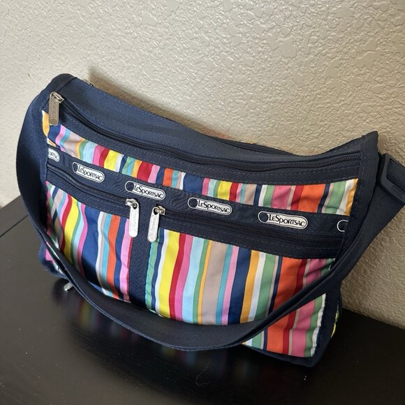 LeSportsac Multicolor Stripes Bag Handbag Purse Crossbody Wide Strap Tote Expand - Picture 2 of 12